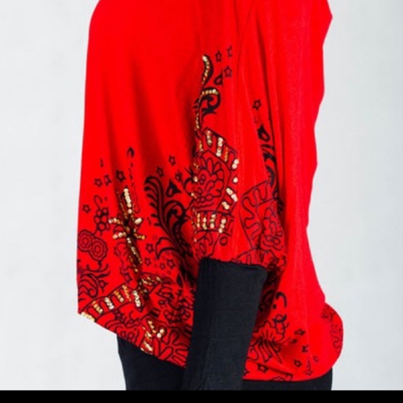 Women's Callie Red Dragon dolman sleeve off shoulder top - Picture 7 of 9